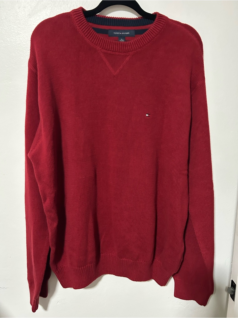 Y2K Tommy Hilfiger Men’s Red Crewneck Knit Sweater XL Classic Flag Logo